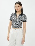 Crop Tişört Zebra Desenli Yarım Fermuarlı Polo Yaka