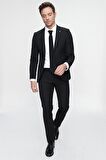 Siyah Basic Düz Slim Fit 3'lü Takım Elbise Slim Fit Gömlek Düz Kravat