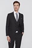  Erkek Siyah Oscar Çizgili Yelekli Slim Fit Dar Kesim 6 Drıop Takım Elbise