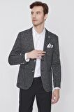  Erkek Siyah Avrasya Ekose Örme  Slim Fit Dar Kesim Ceket