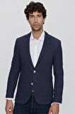  Erkek Lacivert Örme Çizgili Slim Fit Dar Kesim Torba Cep Ceket