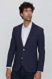  Erkek Lacivert Örme Çizgili Slim Fit Dar Kesim Torba Cep Ceket
