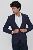  Erkek Lacivert Örme Çizgili Slim Fit Dar Kesim Torba Cep Ceket
