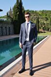  Erkek Lacivert Filafil Desenli Slim Fit Takım Elbise