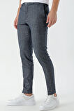  Erkek Lacivert Poliviskon-Keten Desenli Yandan Lastikli Slim Fit Pantolon