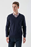  Erkek Lacivert Basic V Yaka Dynamic Fit Rahat Kesim Triko