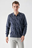  Erkek İndigo Trend Kilim Desen Fermuarlı Polo Yaka Dynamic Fit Rahat Kesim Triko