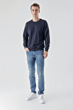  Erkek Lacivert Basic Bisiklet Yaka Sweat-Shirt