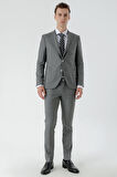  Erkek Gri Poliviskon Trend Desenli Slim Fit Mono Yaka Takım Elbise