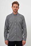  Erkek Gri Trend Oduncu Ekoseli Düğmeli Yaka Regular Fit Gömlek