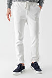  Erkek Beyaz Poliviskon Trend İpli Jogger Slim Fit Spor Pantolon