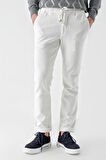 Erkek Beyaz Poliviskon Trend İpli Jogger Slim Fit Spor Pantolon