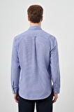  Erkek Mavi Pamuk Ekoseli Düğmeli Yaka Regular Fit Gömlek