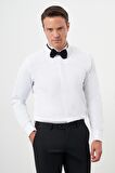  Erkek Beyaz Manşetli Düz Desen Ata Yaka Slim Fit Gömlek