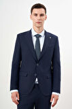  Erkek Lacivert Yünlü Platinium Ekoseli Slim Fit Mono Yaka Takım Elbise