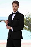  Erkek Siyah Poliviskon Ceromonia Santorini Slim Fit Şal Yaka Damatlık