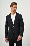  Erkek Siyah Poliviskon Trend Çizgili Desen Slim Fit Mono Yaka Takım Elbise