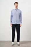  Erkek A. MAVİ Keten Çizgili Düğmeli Yaka Regular Fit Gömlek