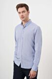  Erkek A. MAVİ Keten Çizgili Düğmeli Yaka Regular Fit Gömlek