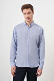 Erkek A. MAVİ Keten Çizgili Düğmeli Yaka Regular Fit Gömlek
