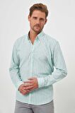  Erkek Su Yeşili Pamuk Çizgili-Panolu İtalyan Yaka Regular Fit Gömlek