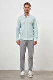  Erkek Su Yeşili Pamuk Çizgili-Panolu İtalyan Yaka Regular Fit Gömlek