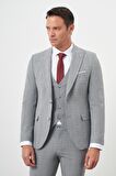  Erkek Gri Poliviskon Trend Yelekli Ekoseli Slim Fit  Sivri Yaka Takım Elbise