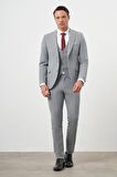  Erkek Gri Poliviskon Trend Yelekli Ekoseli Slim Fit  Sivri Yaka Takım Elbise