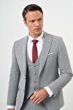  Erkek Gri Poliviskon Trend Yelekli Ekoseli Slim Fit  Sivri Yaka Takım Elbise
