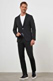  Erkek Siyah Poliviskon Trend Desenli Slim Fit Mono Yaka Takım Elbise