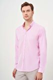  Erkek Pembe Keten Düz Desen Düğmeli Yaka Slim Fit Gömlek