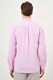  Erkek Pembe Keten Düz Desen Düğmeli Yaka Slim Fit Gömlek