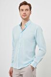  Erkek Su Yeşili Keten Düz Desen Düğmeli Yaka Slim Fit Gömlek