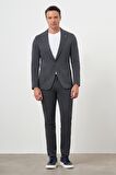 Erkek Füme Poliviskon Trend Çizgili Desen Slim Fit Sivri Yaka Takım Elbise