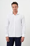  Erkek Beyaz Pamuk Baskılı Desenli  İtalyan Yaka Slim Fit Gömlek