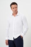  Erkek Beyaz Pamuk Baskılı Desenli  İtalyan Yaka Slim Fit Gömlek