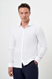  Erkek Beyaz Pamuk Baskılı Desenli  İtalyan Yaka Slim Fit Gömlek