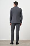  Erkek Füme Poliviskon Trend Yelekli Çizgili Desen Slim Fit  Sivri Yaka Takım Elbise