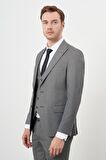  Erkek Füme Poliviskon Trend Yelekli Desenli Slim Fit Sivri Yaka Takım Elbise