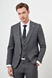  Erkek Siyah Poliviskon Trend Yelekli Desenli Slim Fit Sivri Yaka Takım Elbise