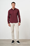  Erkek Bordo Pamuk Düz Desen Sert Yaka Slim Fit  Gömlek