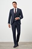 Erkek Lacivert Poliviskon Trend Yelekli Çizgili Desen Slim Fit  Sivri Yaka Takım Elbise