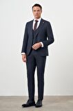  Erkek Lacivert Poliviskon Trend Yelekli Çizgili Desen Slim Fit  Sivri Yaka Takım Elbise