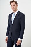  Erkek Lacivert Yünlü Platinium Ekoseli Slim Fit Mono Yaka Takım Elbise