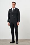  Erkek Siyah Poliviskon Trend Kruvaze Slim Fit Sivri Yaka Takım Elbise
