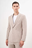  Erkek KAHVE Keten Trend Kruvaze Slim Fit Sivri Yaka Takım Elbise
