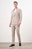  Erkek KAHVE Keten Trend Kruvaze Slim Fit Sivri Yaka Takım Elbise