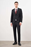  Erkek Siyah Poliviskon Trend Desenli Slim Fit  Sivri Yaka Takım Elbise
