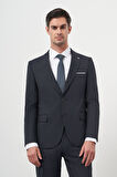  Erkek Lacivert Poliviskon Basic Jakar Desen Slim Fit Sivri Yaka Takım Elbise