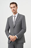  Erkek Gri Yünlü Slim Fit Mono Yaka Takım Elbise